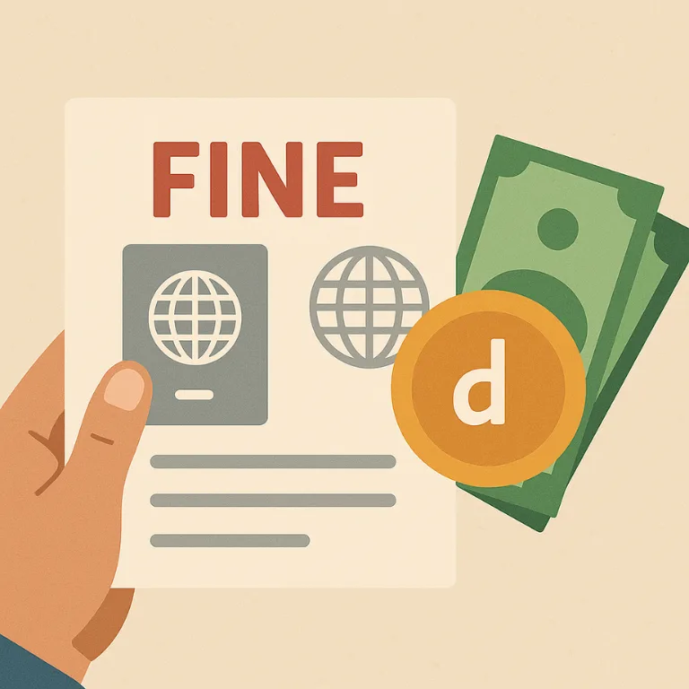  lustration of overstay fine in UAE showing a hand holding a penalty notice with passport and currency symbols.